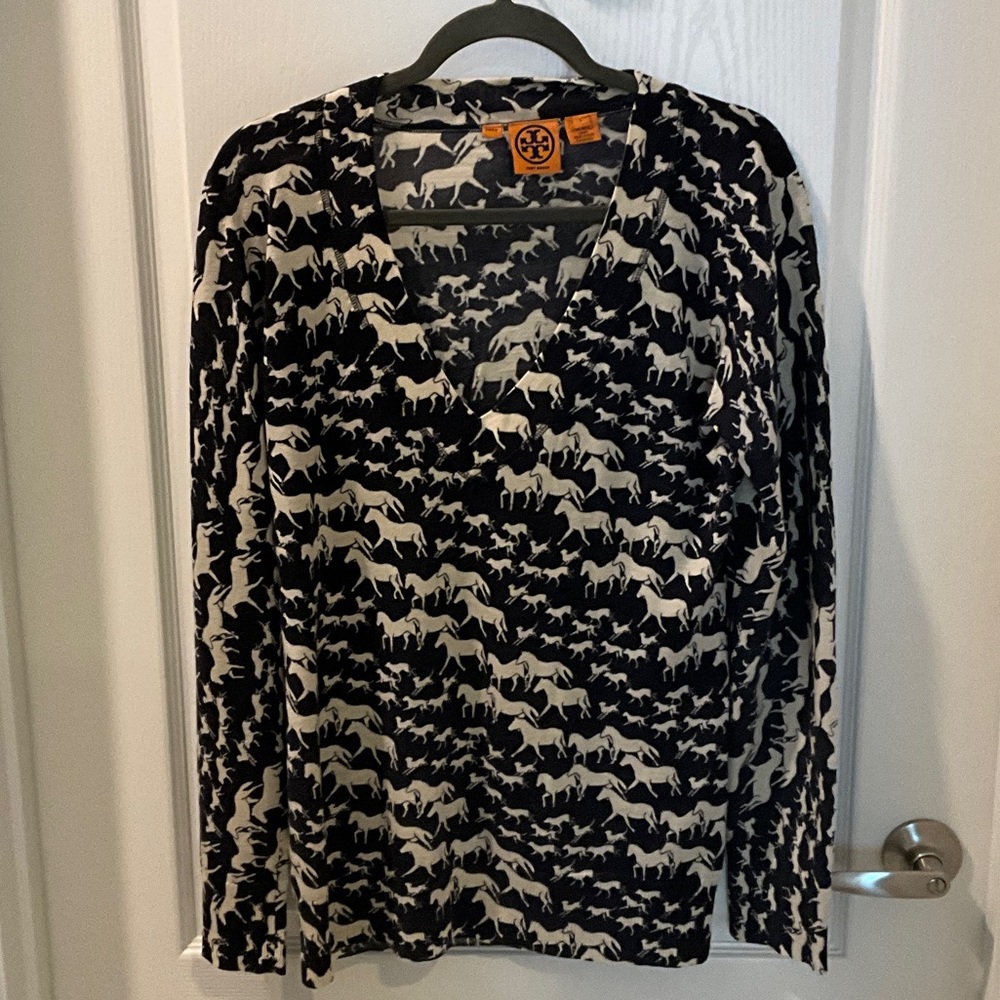 Tory Burch V-Neck Black and Cream Horse Pattern Blouse